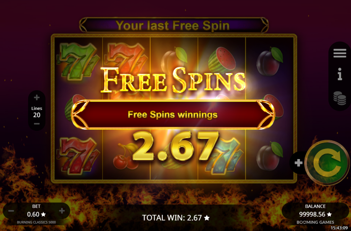 Win in free spins round in Burning Classics 5000 by Booming Games