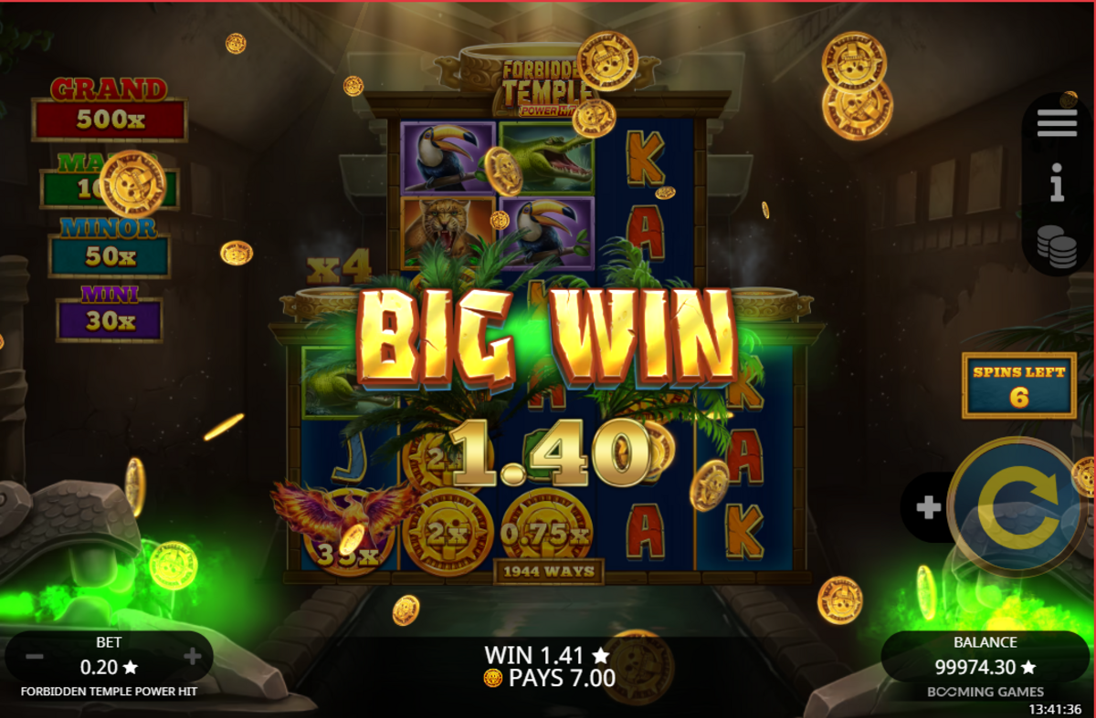 A big win in Forbidden Temple Power Hit by Booming Games!