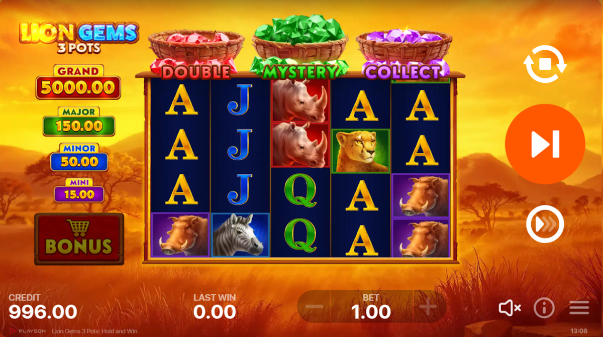 Base game of Lion Gems 3 Pots Hold and Win by Playson