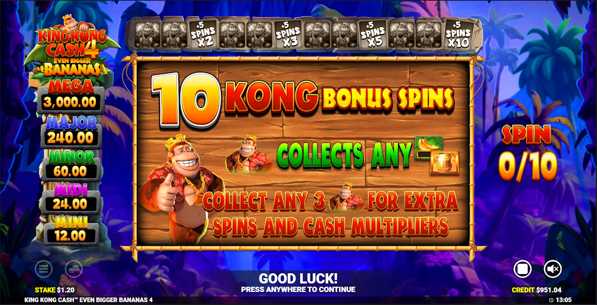 Bonus spins unlocked in King Kong Cash Even Bigger Bananas 4 by Bluepring Gaming