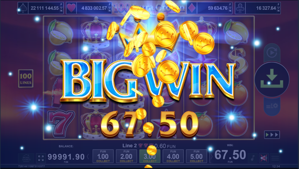 A big win in 100 Extra Crown 6 reels by Amusnet