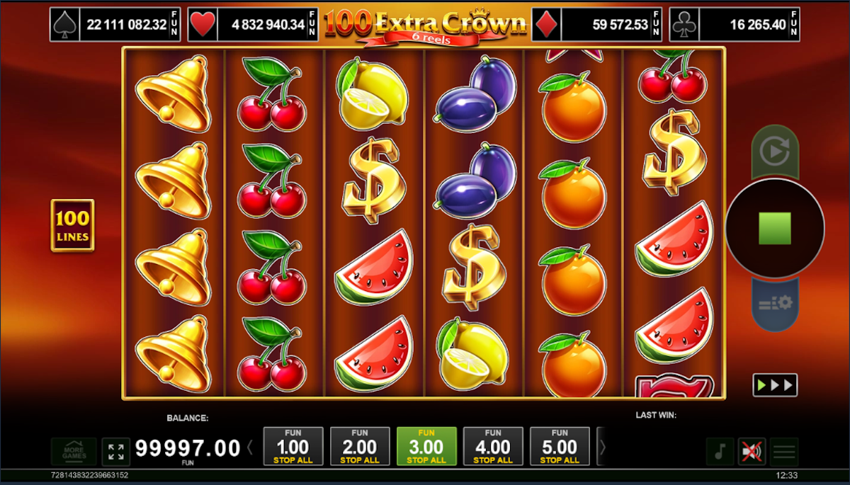 Base game of 100 Extra Crown 6 reels by Amusnet