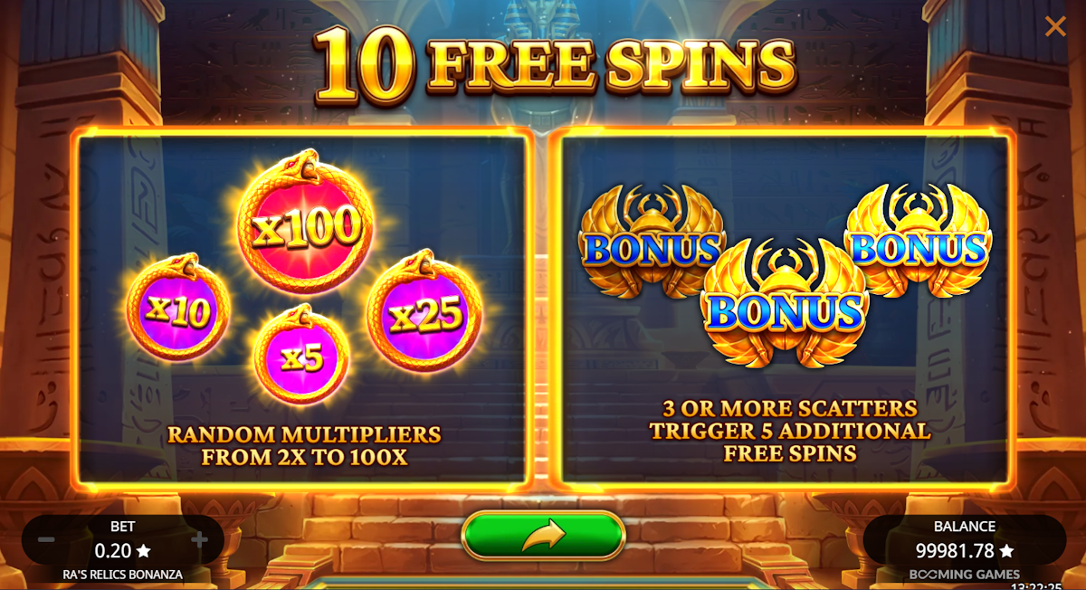 Bonus features in Ra’s Relics Bonanza by Booming Games