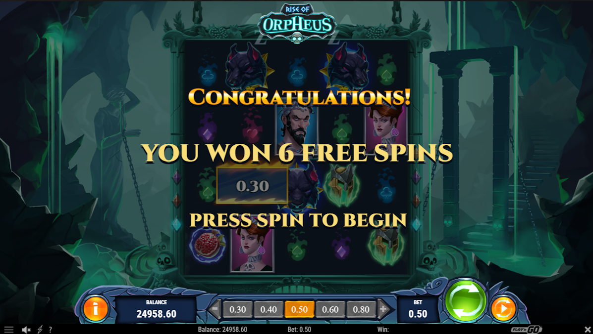 Free spins won in Rise of Orpheus by Play’n GO