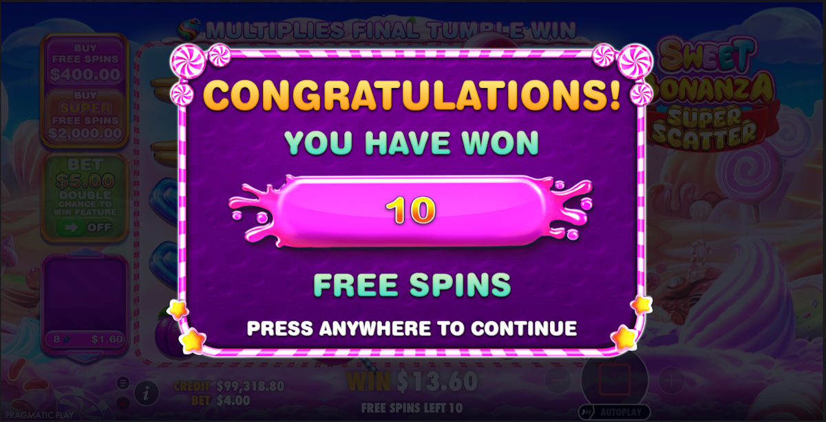 Free spins won in Sweet Bonanza Super Scatter by Pragmatic Play