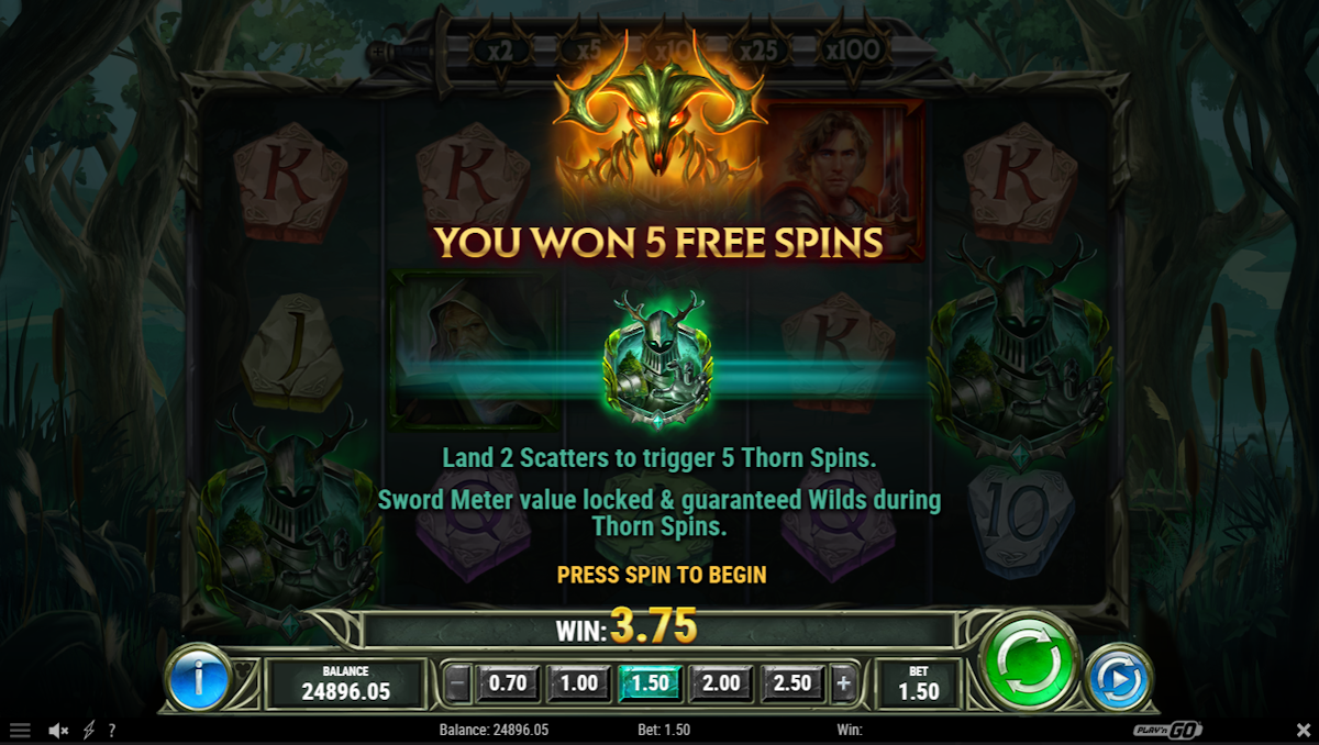 Free spins won in The Green Knight Oath of Thorns by Play'n GO