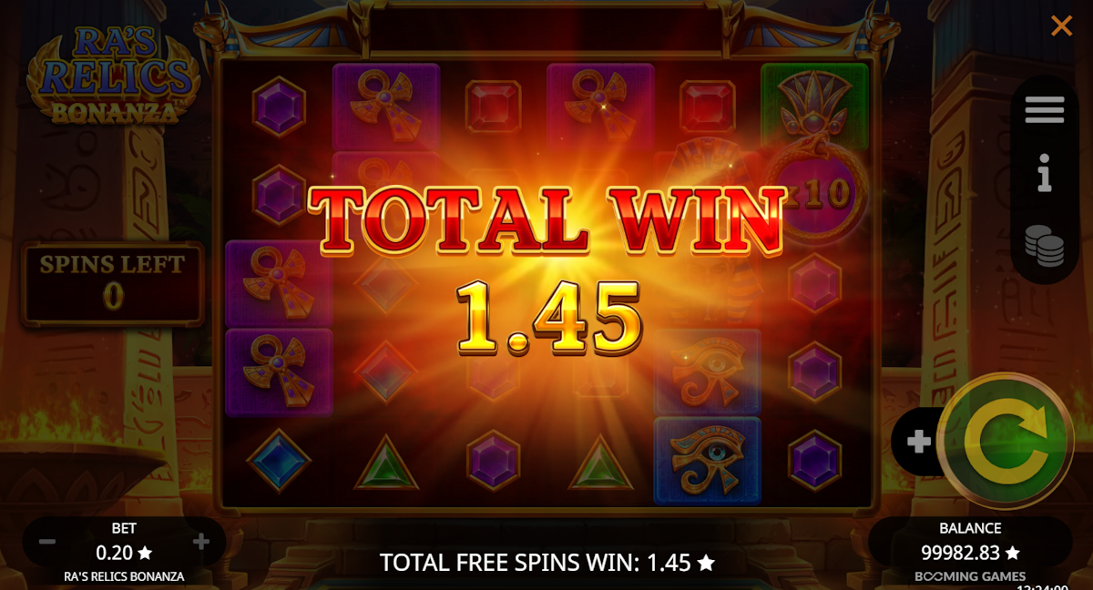 Total win in Ra’s Relics Bonanza by Booming Games