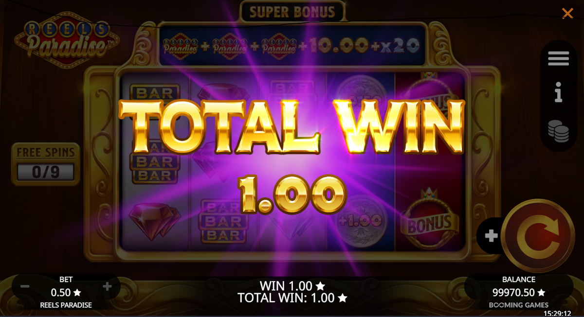 Total win in Reels Paradise by Booming Games