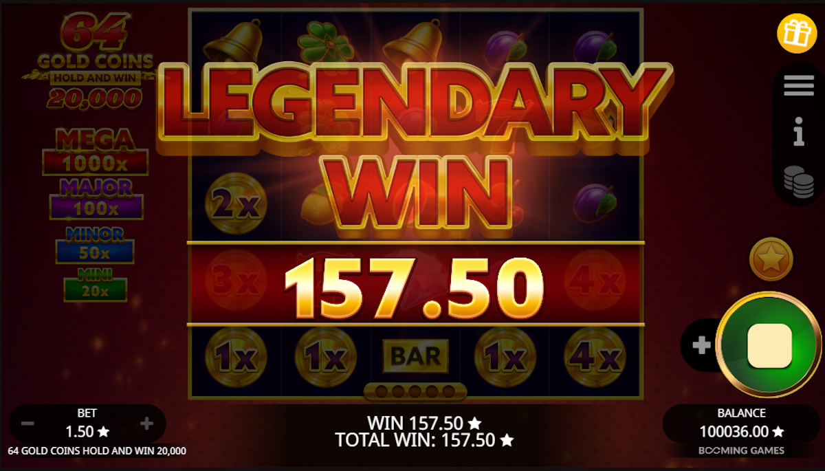 A legendary win in 64 Gold Coins Hold and Win 20000 by Booming Games