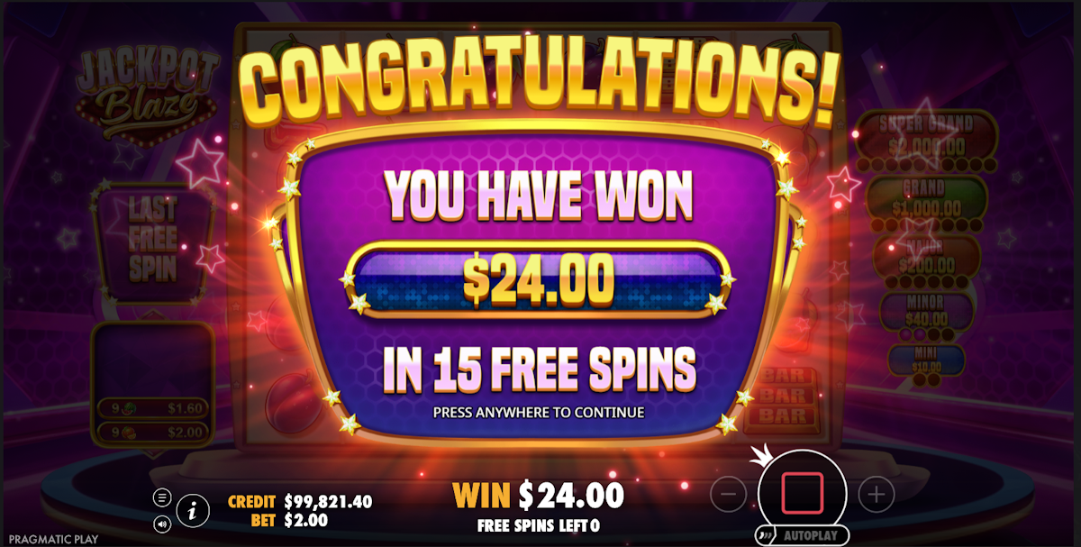 A win in Jackpot Blaze by Pragmatic Play