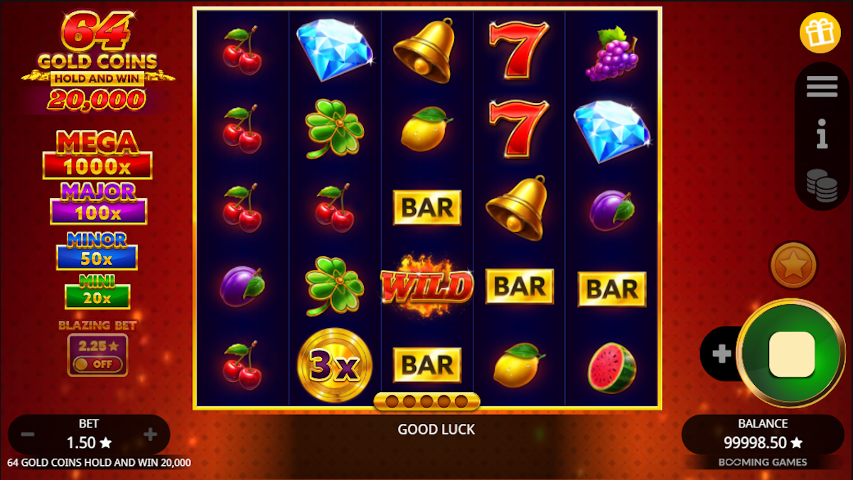 Base game in 64 Gold Coins Hold and Win 20000 by Booming Games
