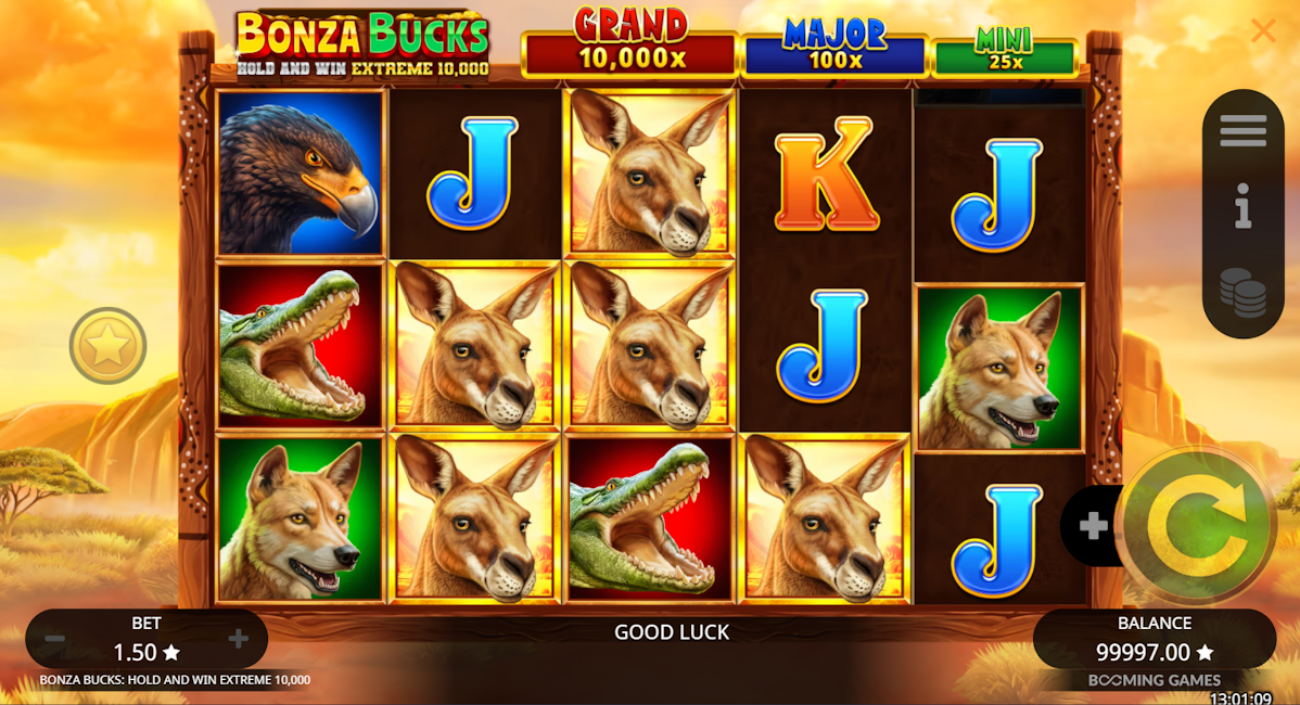 Base game of Bonza Bucks Hold and Win Extreme 10000 by Booming Games