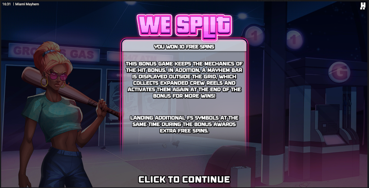 Bonus game won in Miami Mayhem by Hacksaw Gaming