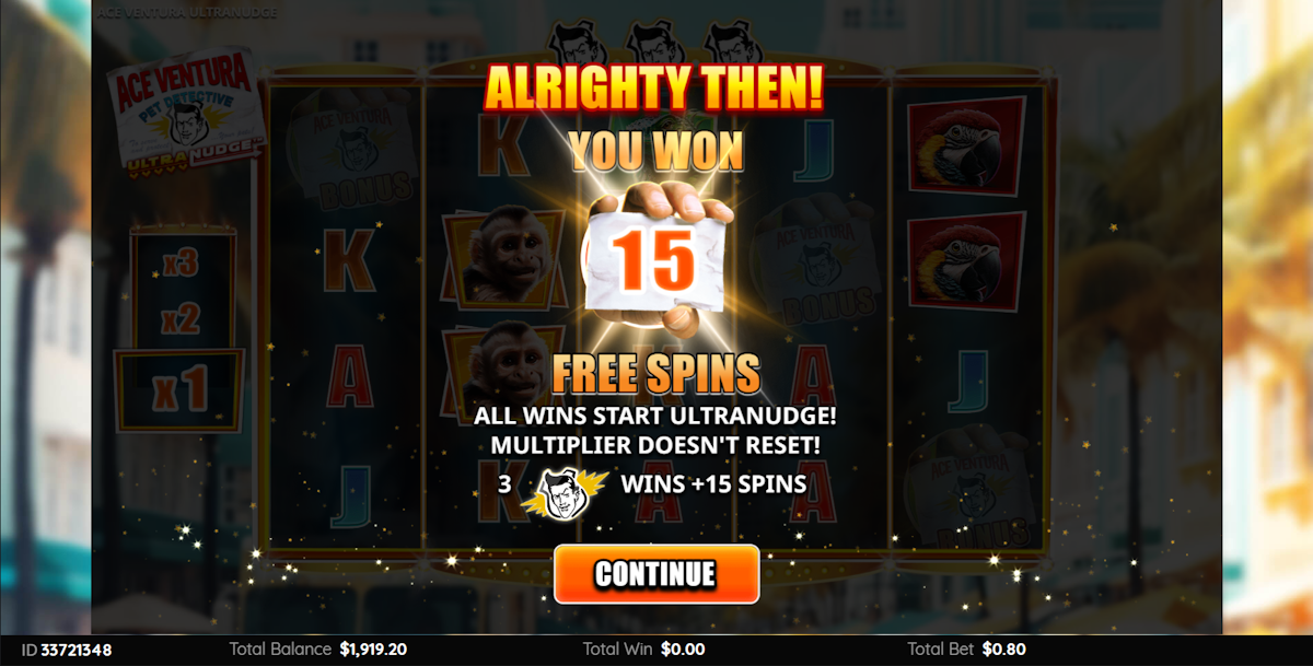 Free spins won in Ace Ventura Pet Detective Ultranudge by Atlantic Digital