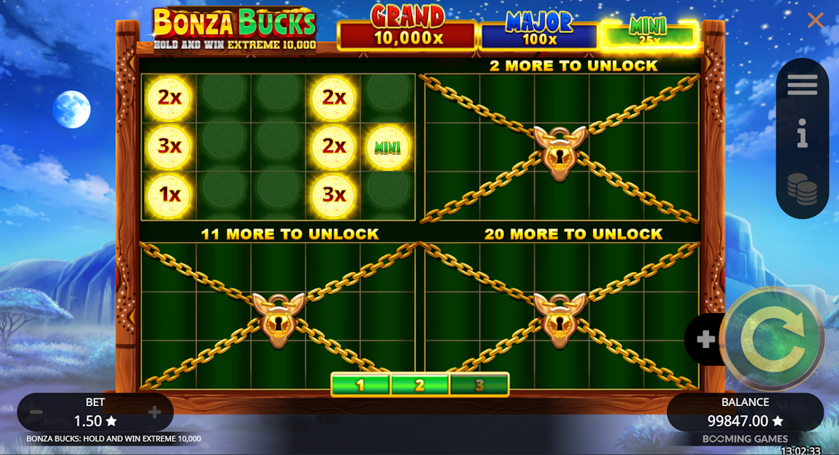Hold and Win feature in Bonza Bucks Hold and Win Extreme 10000 by Booming Games