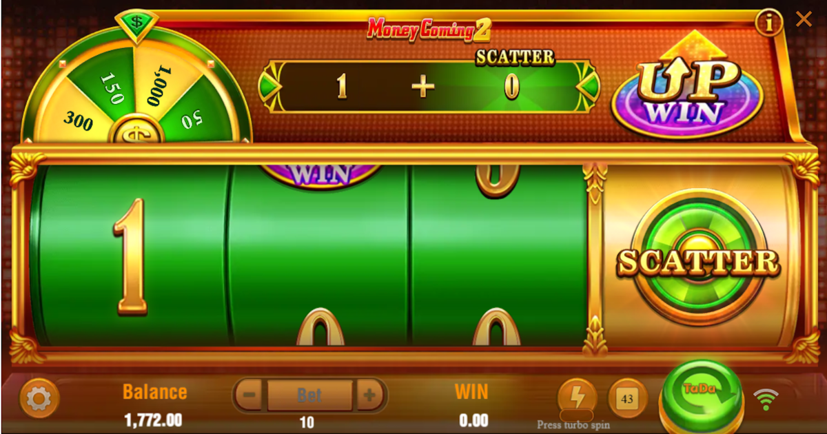 Lucky wheel triggered by green scatter symbol in Money Coming 2 by TaDa Gaming