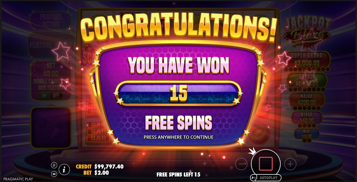Free spins won in Jackpot Blaze by Pragmatic Play