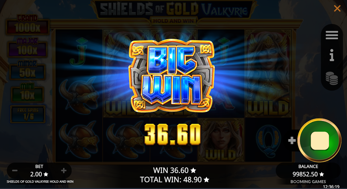A big win in Shields of Gold Valkyrie Hold and Win by Booming Games