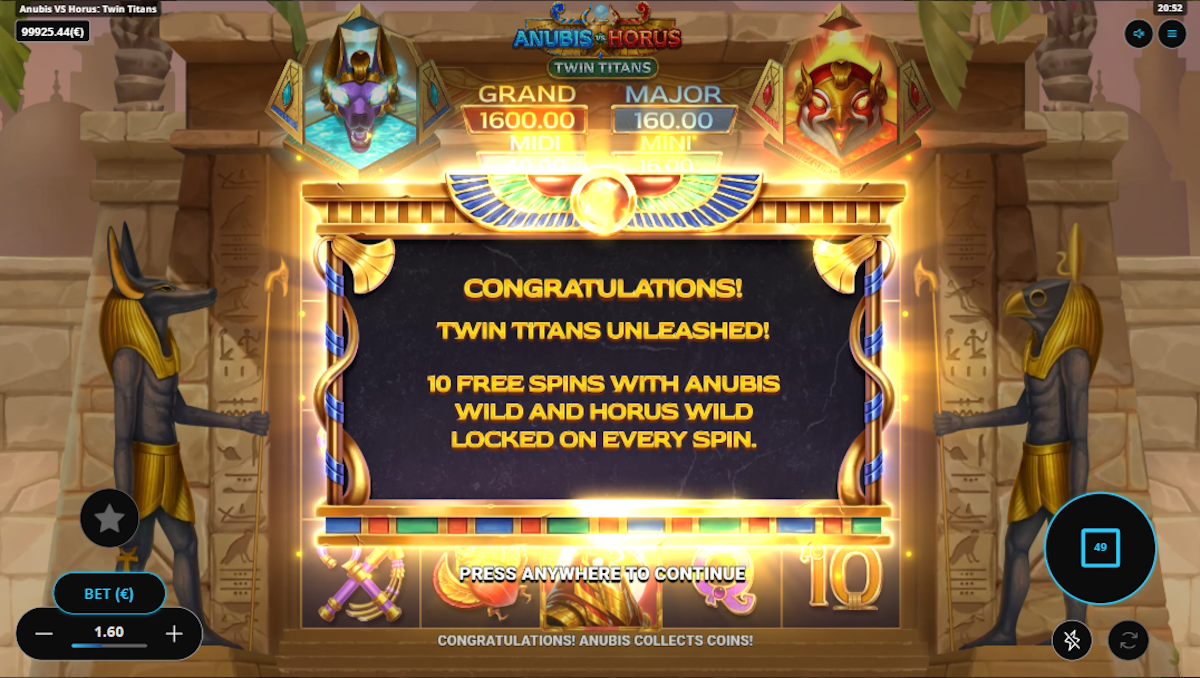 Free spins won in Anubis vs Horus Twin Titans by Gaming Corps