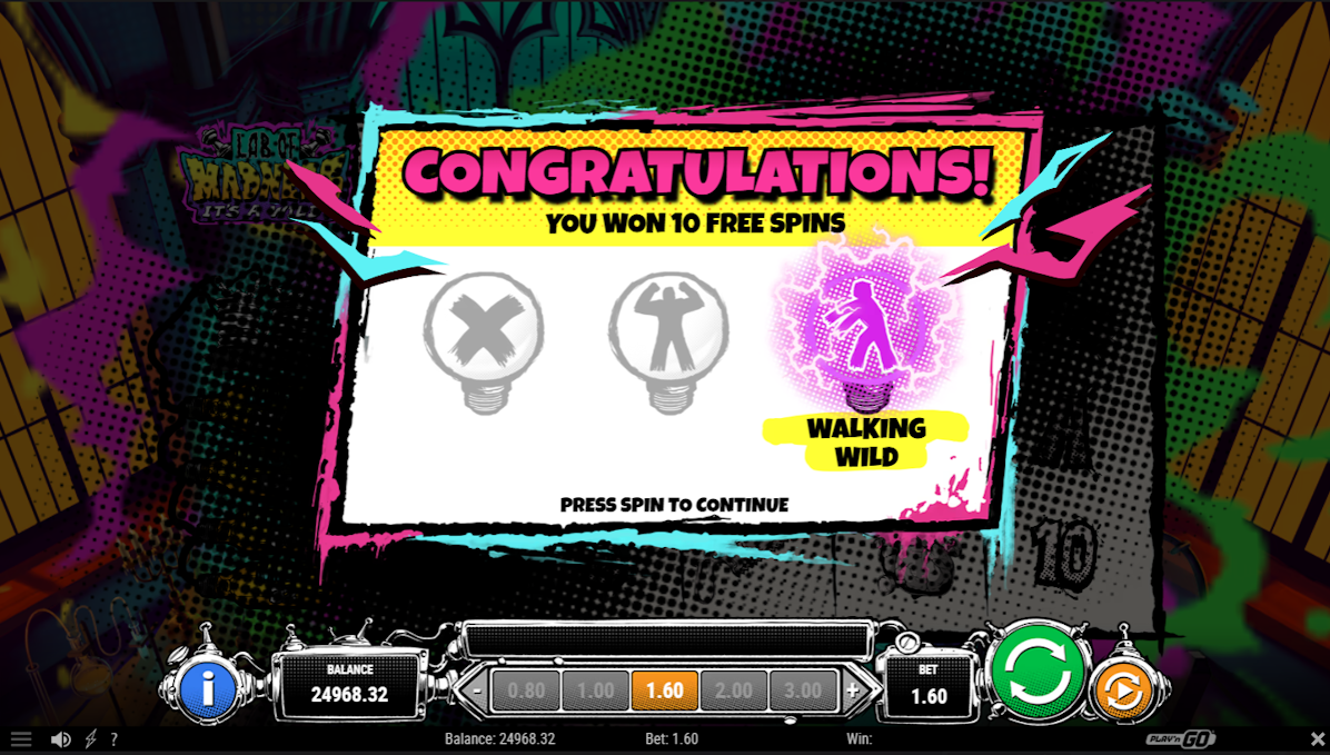 Free spins won in Lab of Madness It’s a Wild! by Play'n GO