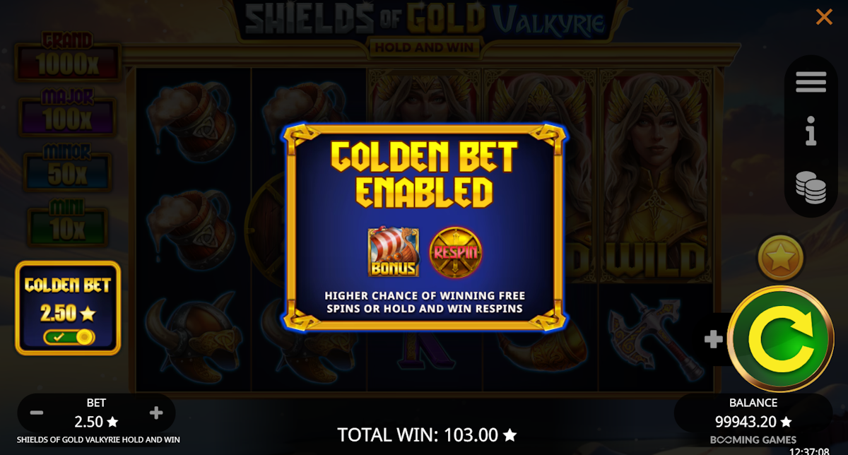 Golden bet in Shields of Gold Valkyrie Hold and Win by Booming Games