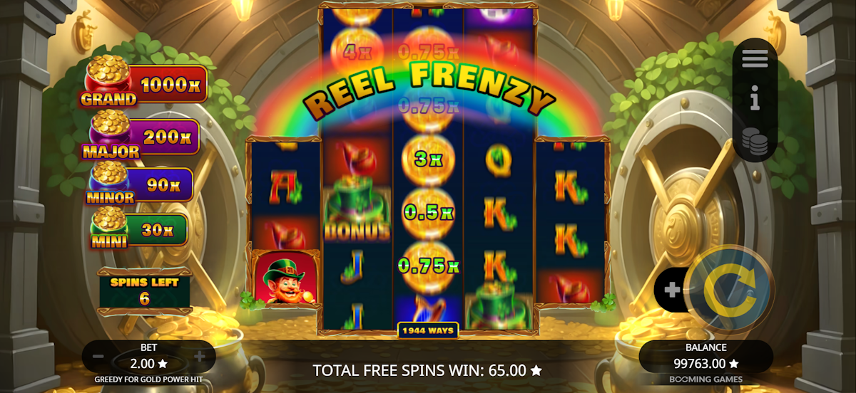 Active reel frenzy mechanic in Greedy for Gold Power Hit by Booming Games