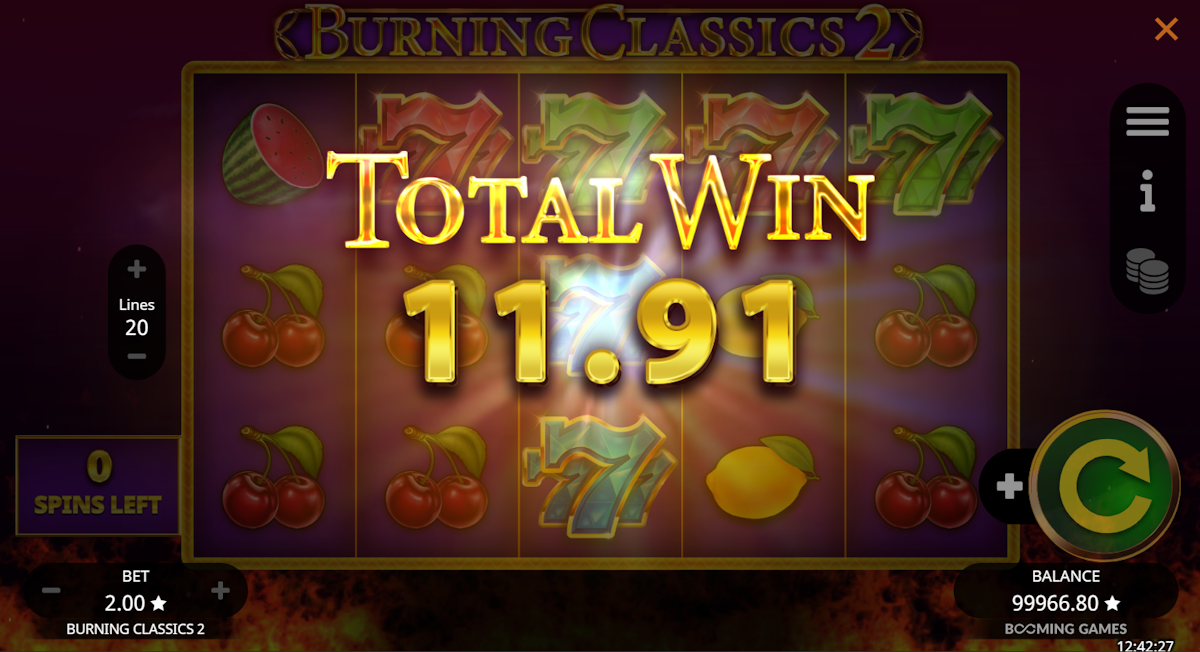 Total win in Burning Classics 2 by Booming Games