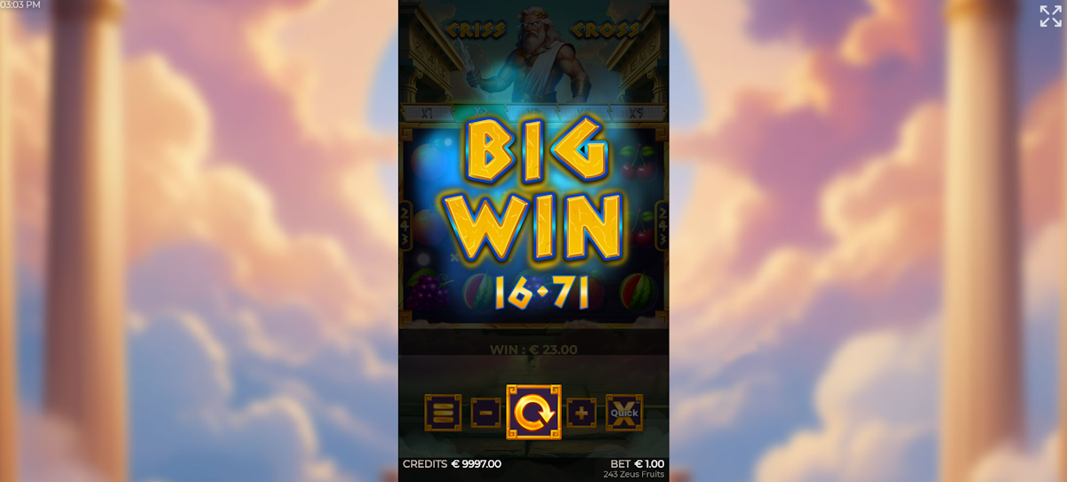 A big win in 243 Zeus Fruits by Tom Horn Gaming