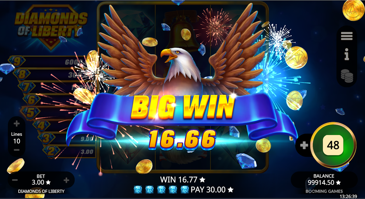 A big win in Diamonds of Liberty by Booming Games