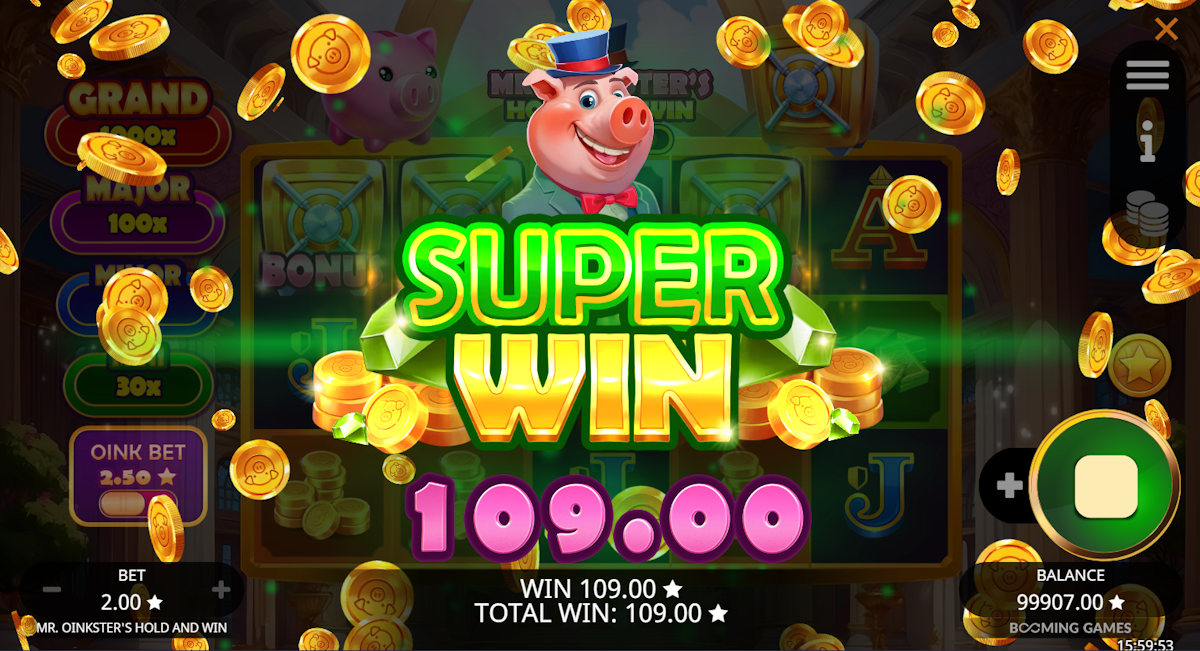 A super win in Mr. Oinkster’s Hold and Win by Booming Games