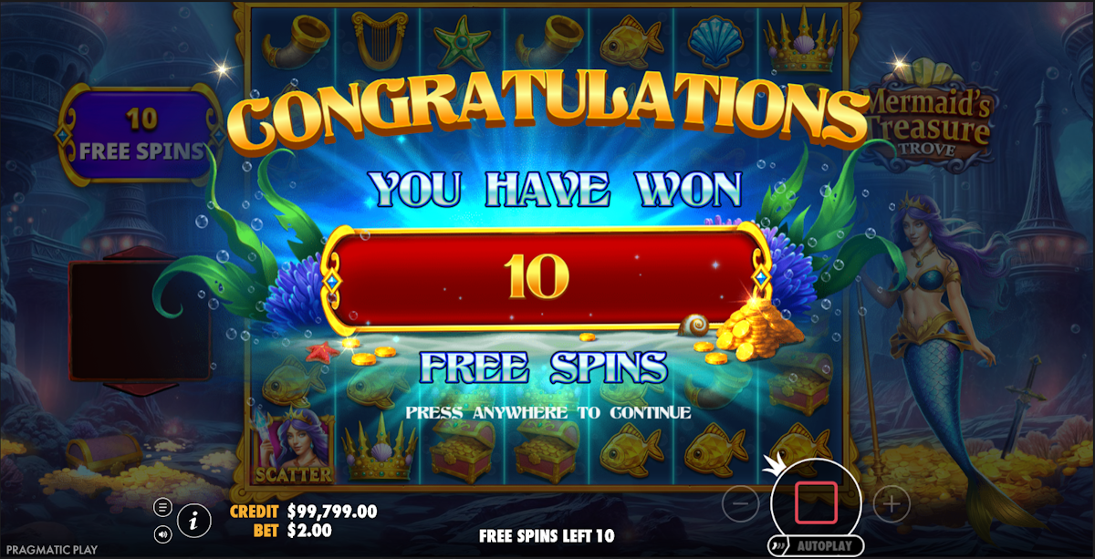 Free spins won in Mermaid’s Treasure Trove by Pragmatic Play