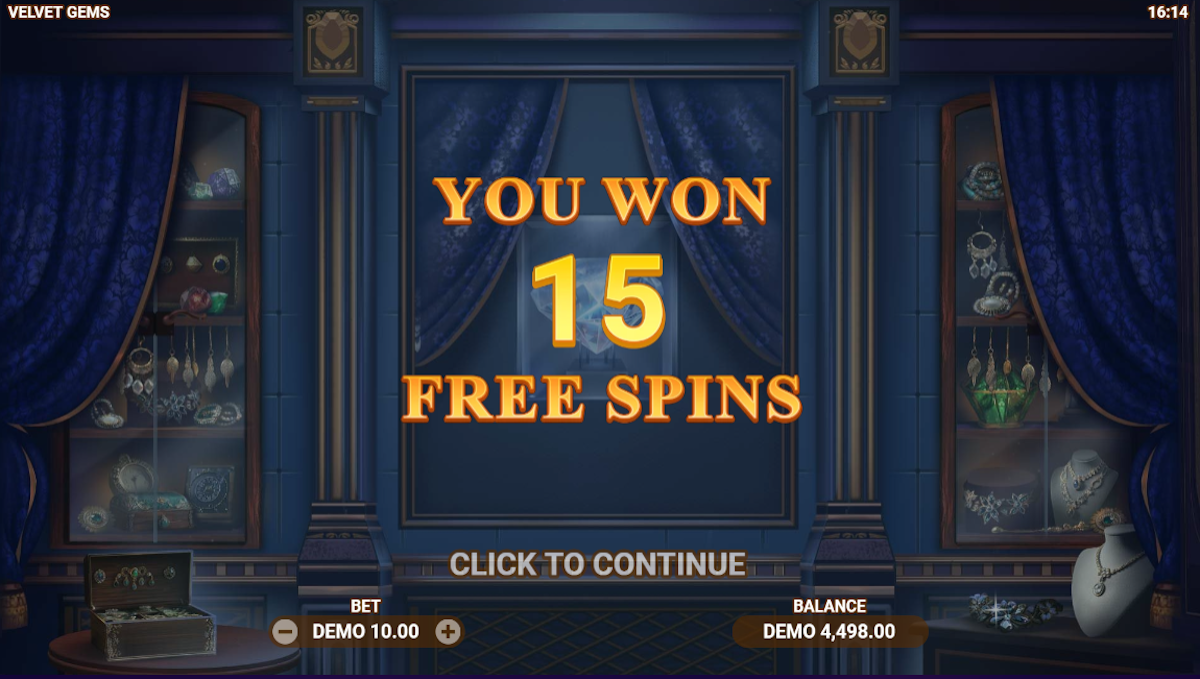 Free spins won in Velvet Gems by Evoplay