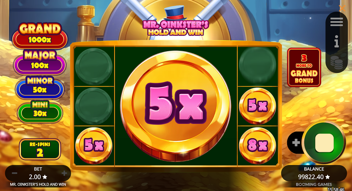 Hold and win bonus round in Mr. Oinkster’s Hold and Win by Booming Games