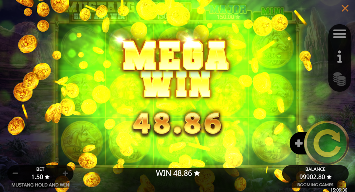 A mega win in Mustang Hold and Win by Booming Games!