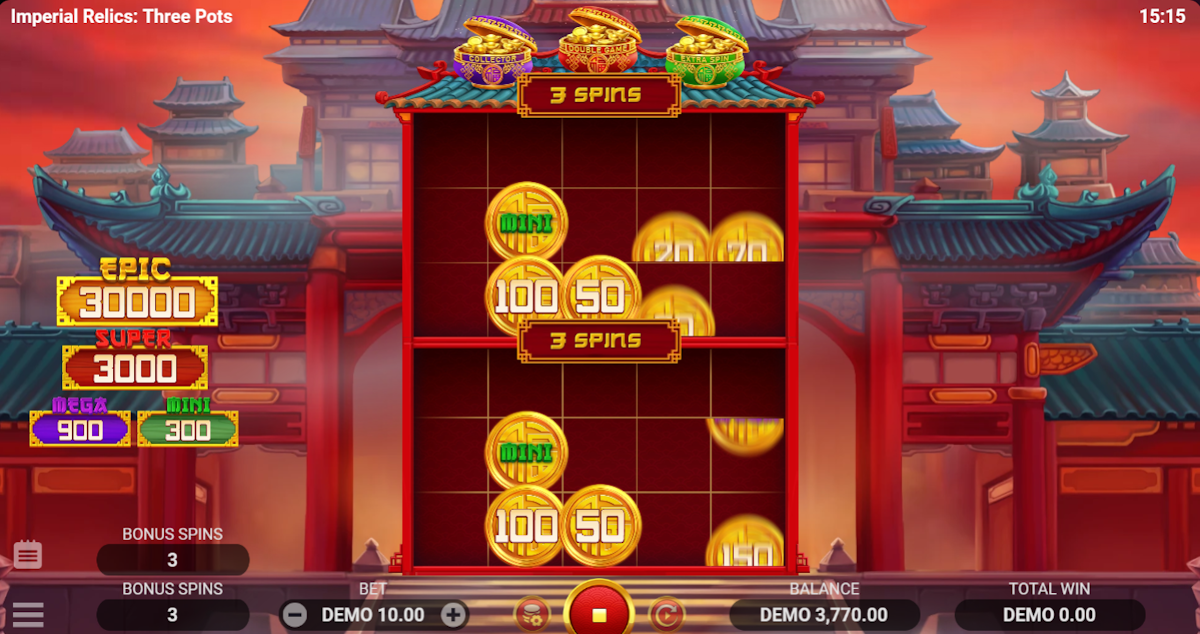 Bonus game in Imperial Relics Three Pots by Evoplay