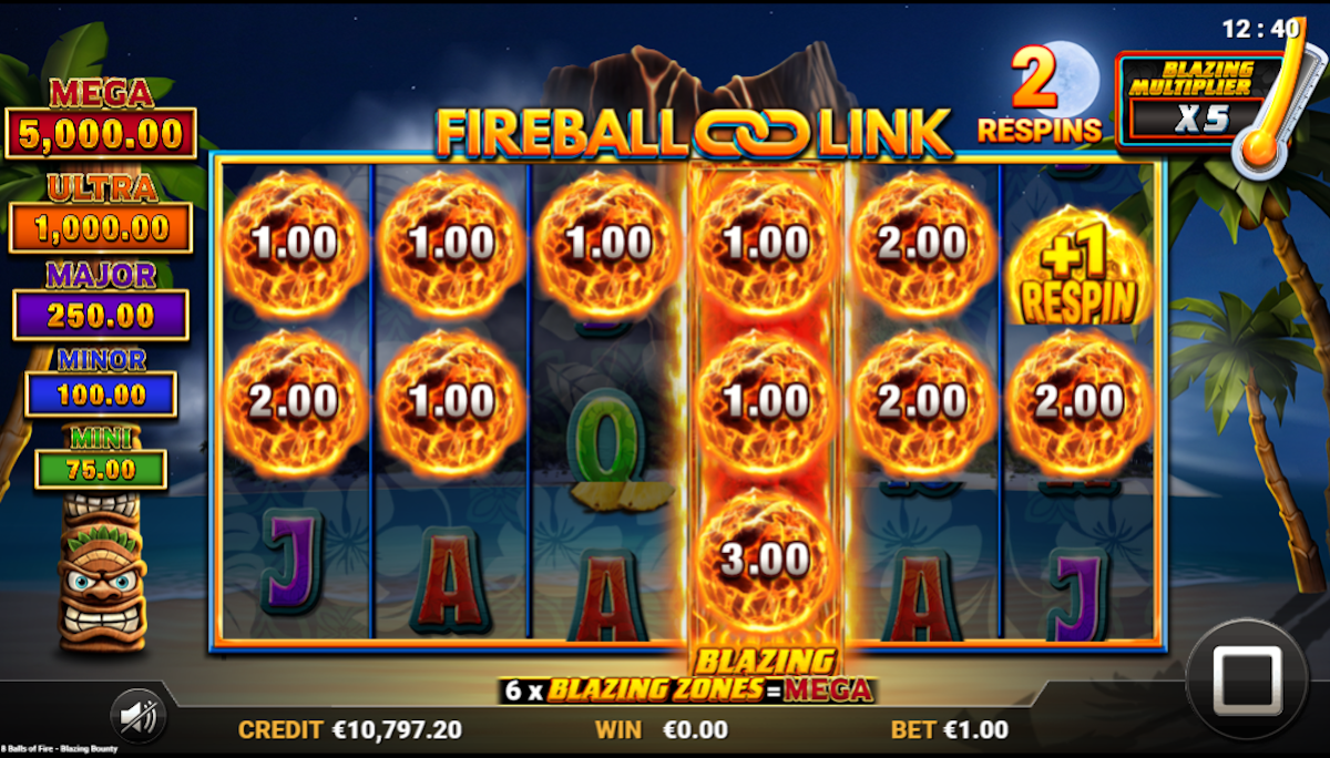 Fireball link respins in 8 Balls of Fire Blazing Bounty by Reflex Gaming