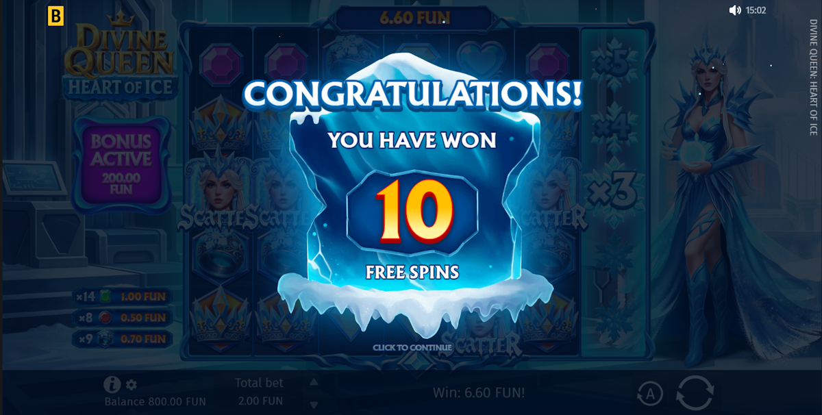 Free spins won in Divine Queen Heart of Ice by BGaming