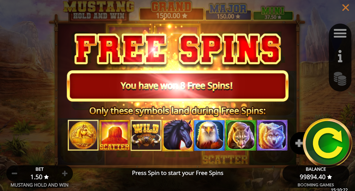 Free spins won in Mustang Hold and Win by Booming Games!