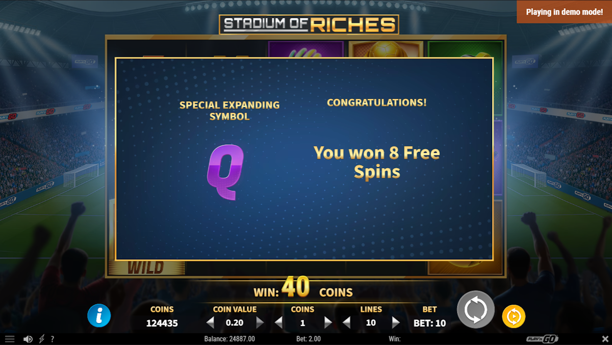 Free spins won in Stadium of Riches by Play’n GO