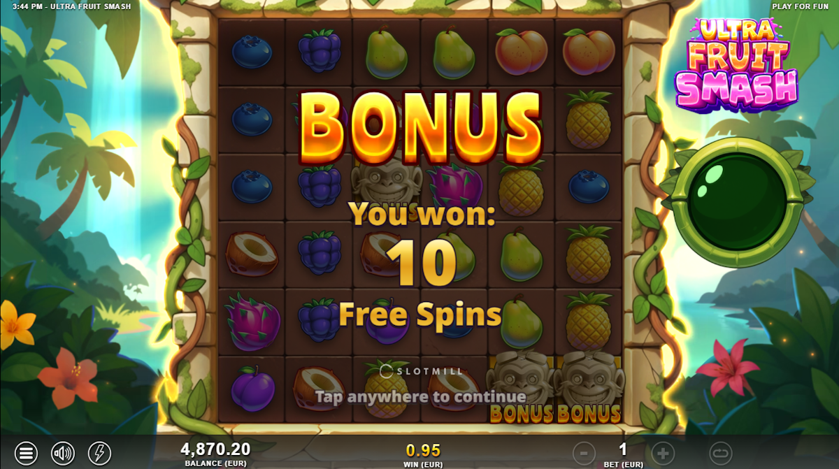 Free spins won in Ultra Fruit Smash by Slotmill