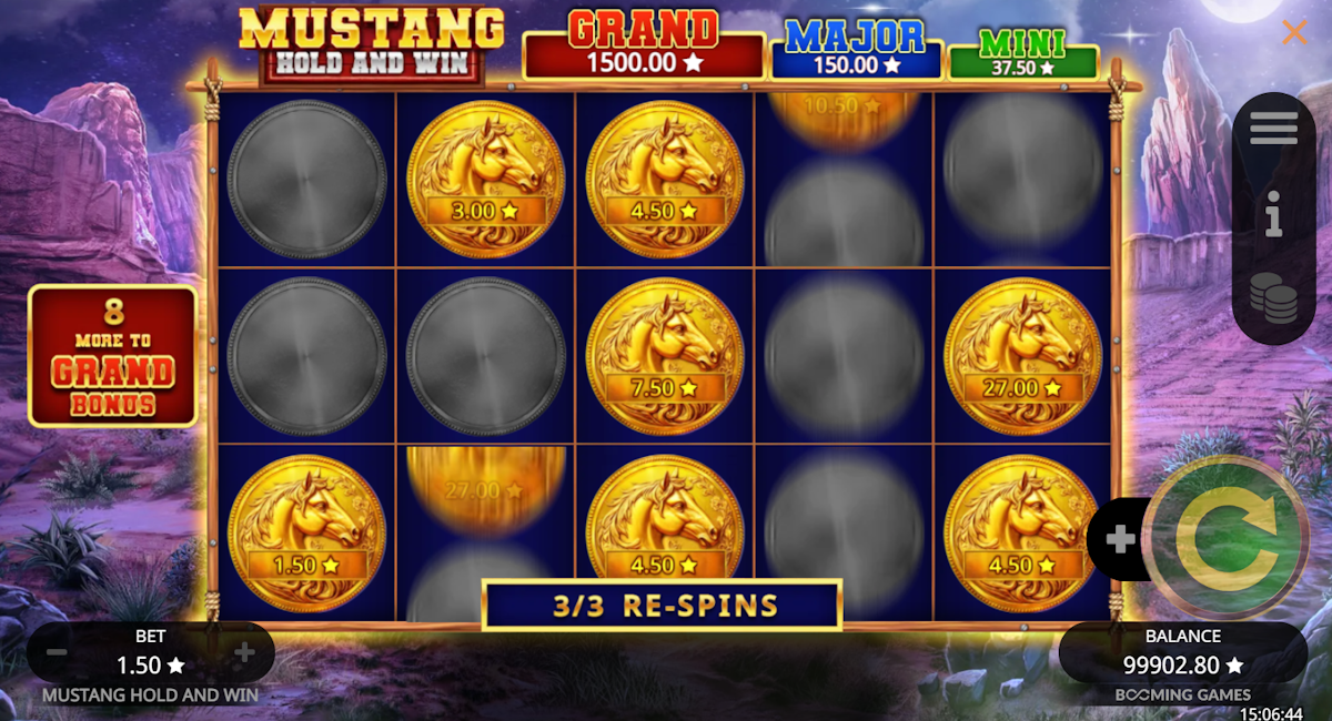 Hold and win respin round in Mustang Hold and Win by Booming Games!