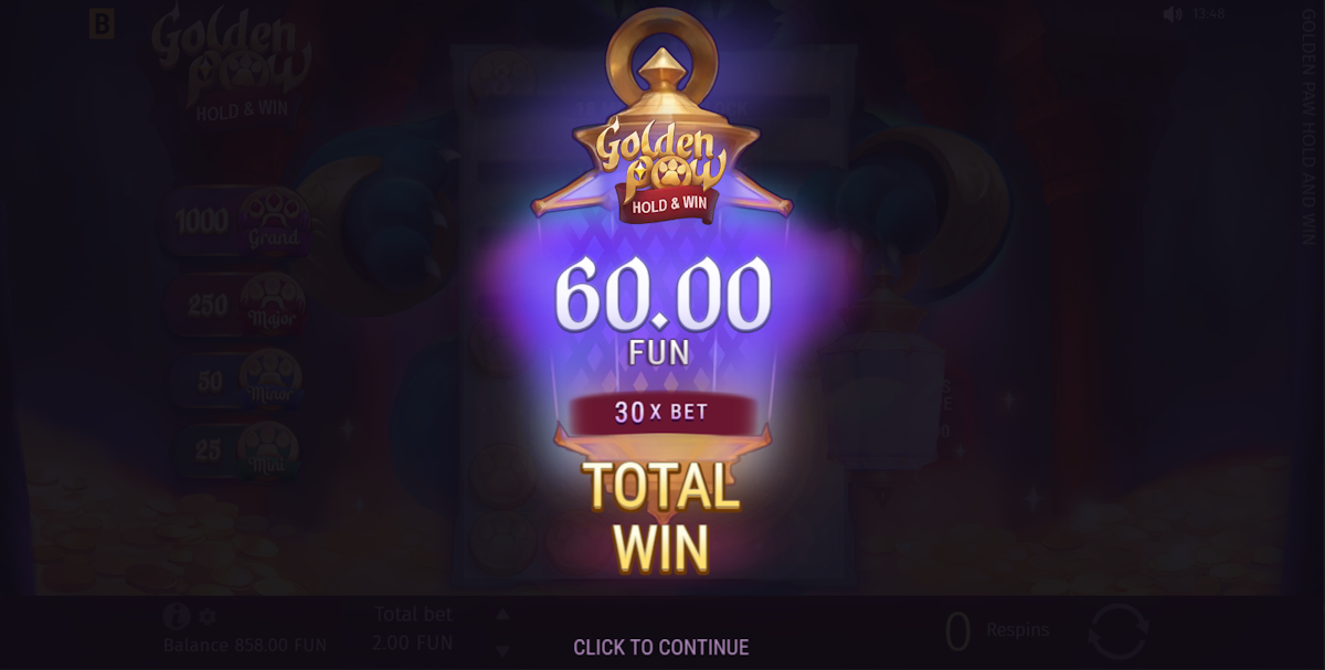 Total win in Golden Paw Hold & Win by BGaming