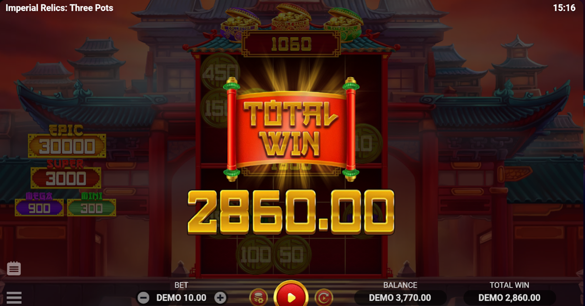 Total win in Imperial Relics Three Pots by Evoplay