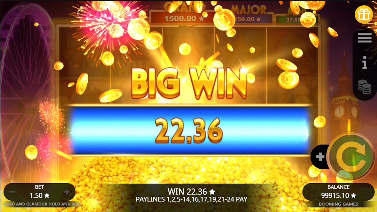 A big win in Gold and Glamour Hold and Win by Booming Games