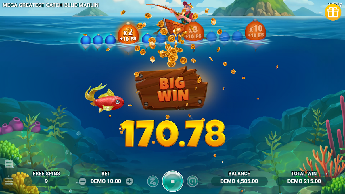 A big win in Mega Greatest Catch Blue Marlin by Evoplay