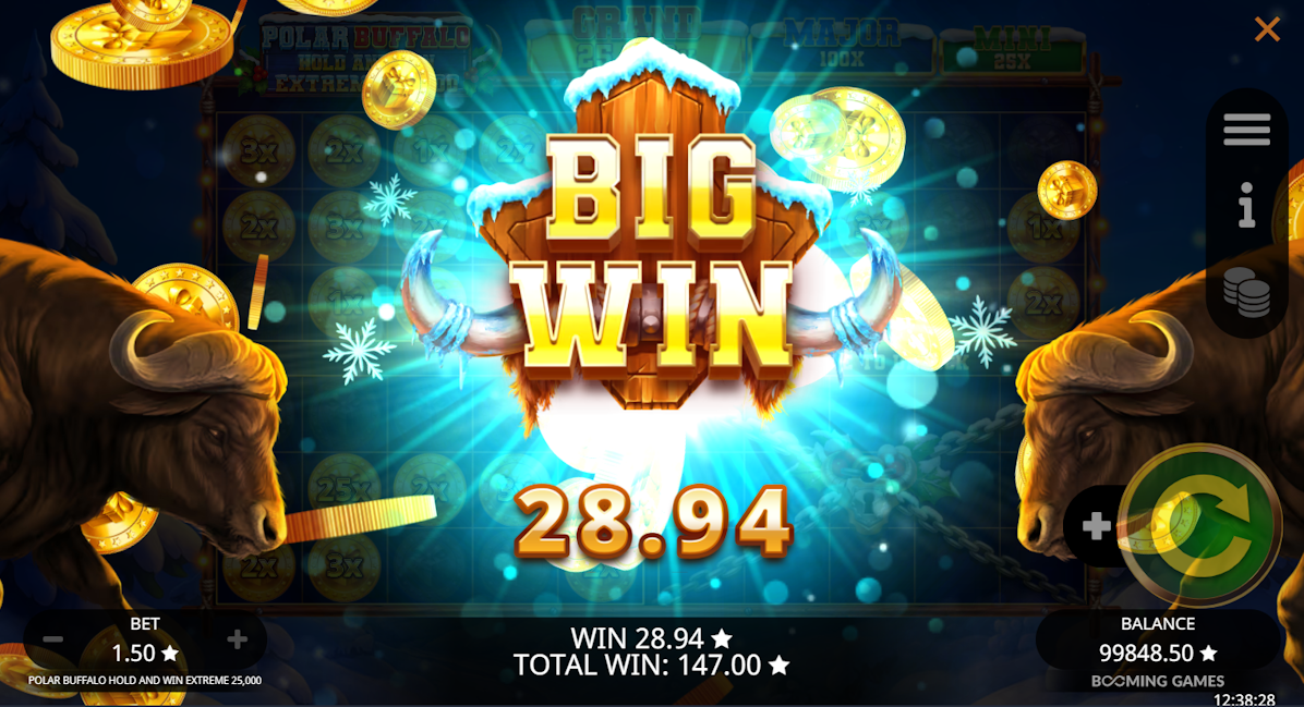 A big win in Polar Buffalo Hold and Win Extreme 25000 by Booming Games