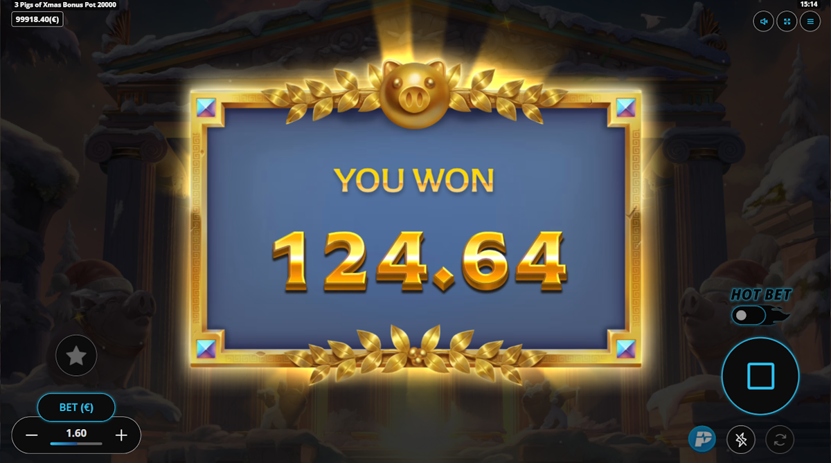 A win in 3 Pigs of Xmas Bonus Pot 20000 by Gaming Corps