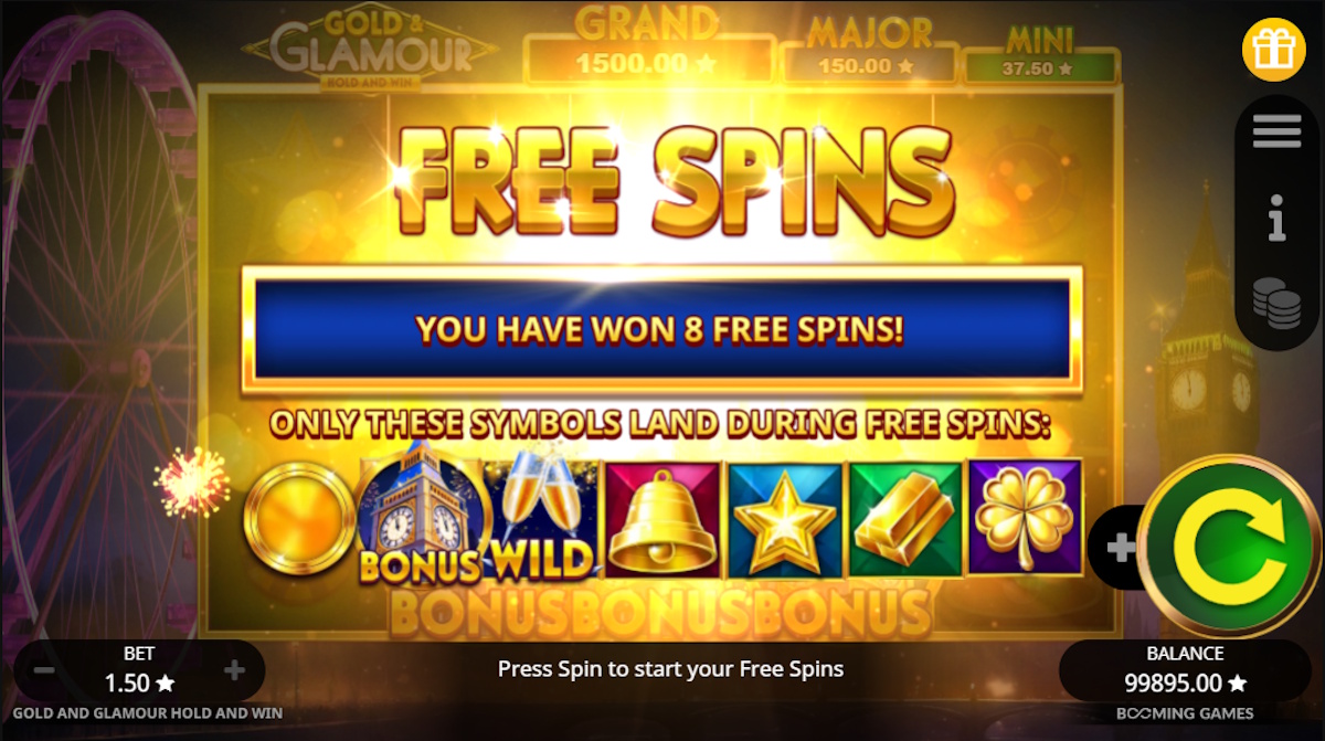 Free spins won in Gold and Glamour Hold and Win by Booming Games