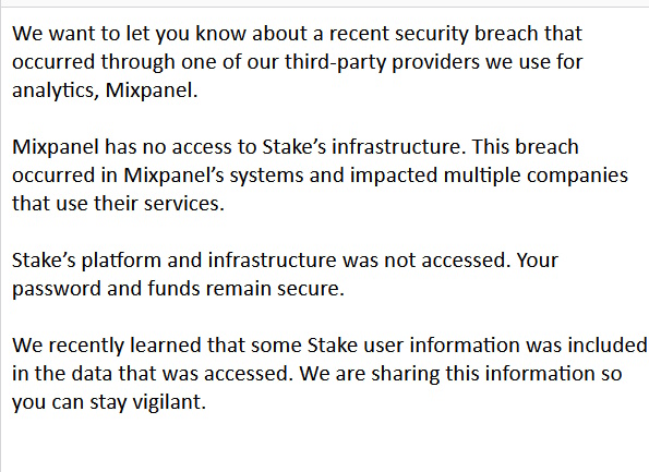 Screenshot from an email sent by Stake to its users today.