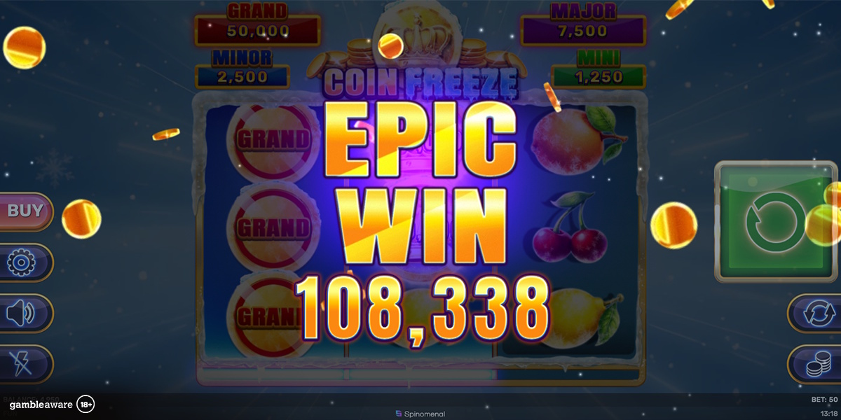 An epic win in Coin Freeze Hold & Hit 3x3 by Spinomenal